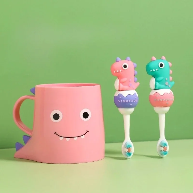 

2 шт. зубная щетка с чашкой, милый динозавр с героями мультфильмов, детская зубная щетка с ультрамягкой щетиной, уход за детскими чашками