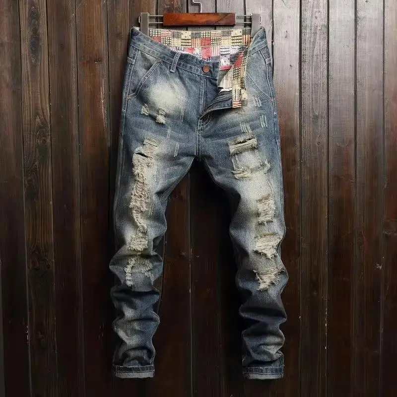 Men Jeans Distressed Vintage Ripped Straight Pants Ankle Length Wash Solid Denim Pockets Loose Fit Trouser Punk Style 2025