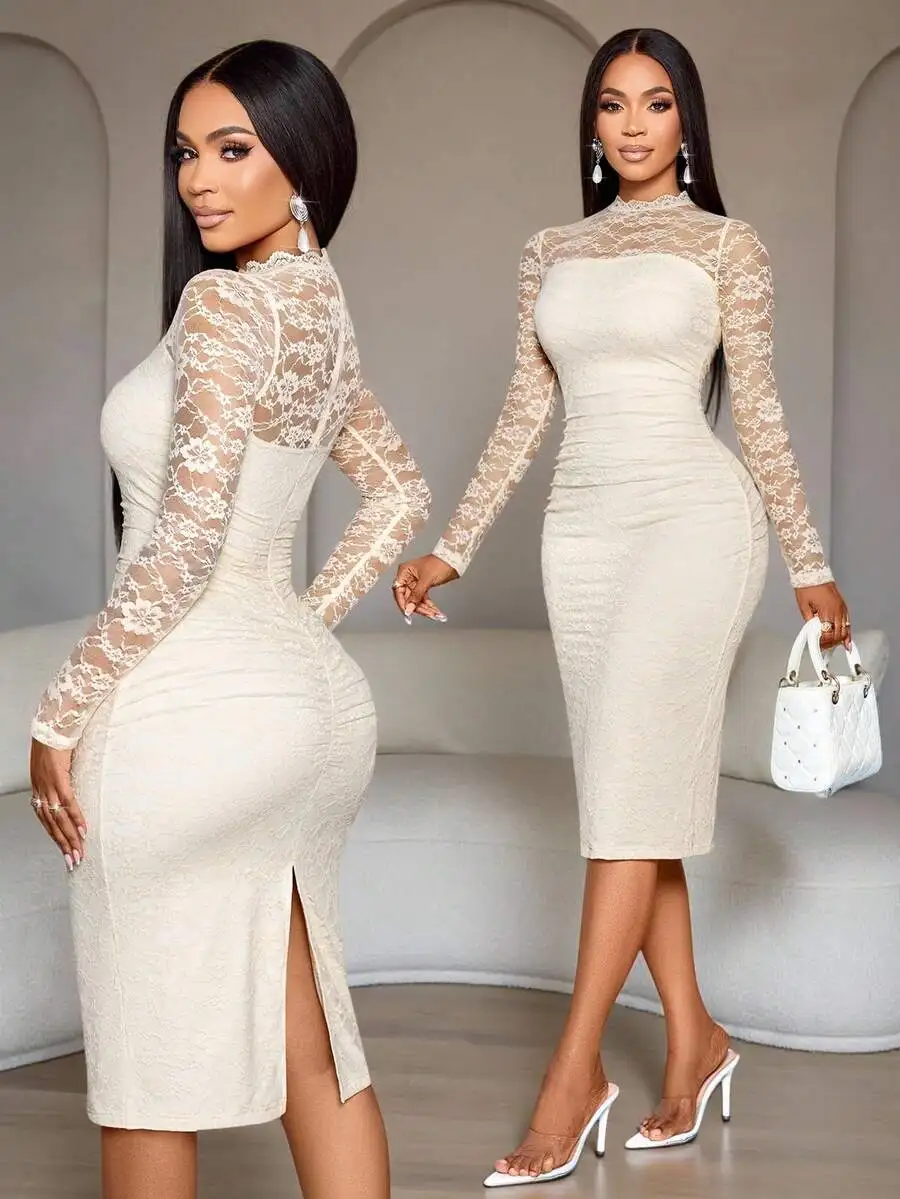

Elegant Lace Long Sleeve Bodycon Midi Dress with High Neck and Side Slit