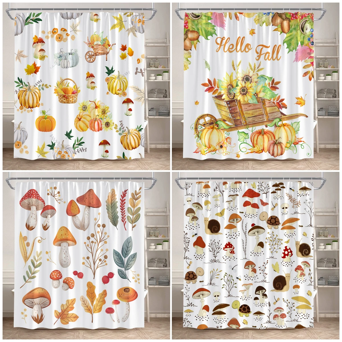 Autumn Pumpkin Mushroom Shower Curtains Yellow Maple Leaves Sunflower Plants Bathroom Curtain Decor Polyester Fabric with Hooks