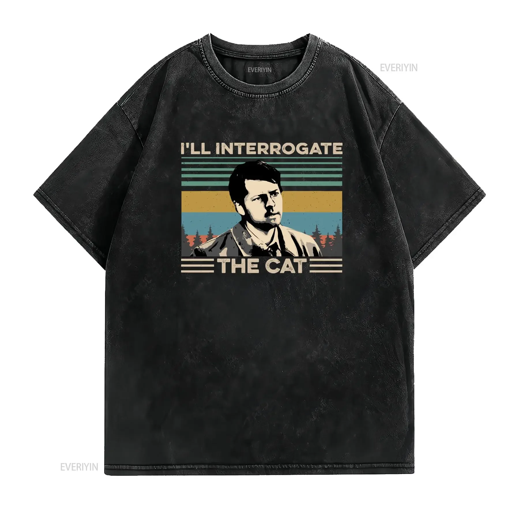 Vintage Retro Funny Castiel I'll Interrogate The Cat Print Casual T Shirt vintage Washed homme Breathable Stretched