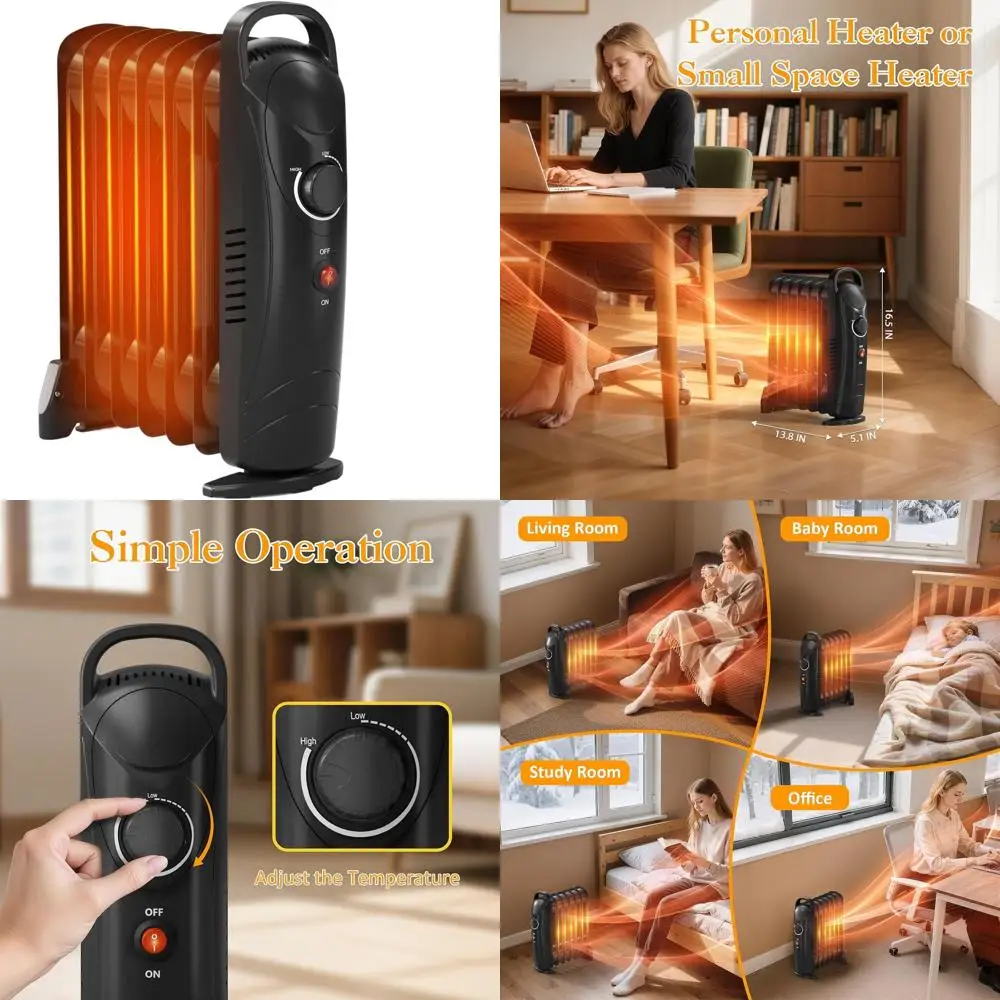 

Portable 700W Oil-Filled Radiant Heater, Energy Efficient, Overheat Protection for Small Spaces