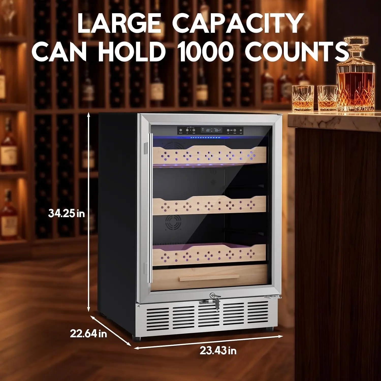 Humidor Cabinet 142L, 24-inch Temp & Humidity Control Electric Humidors, 1000 Counts, Silent Compressor,, Customized