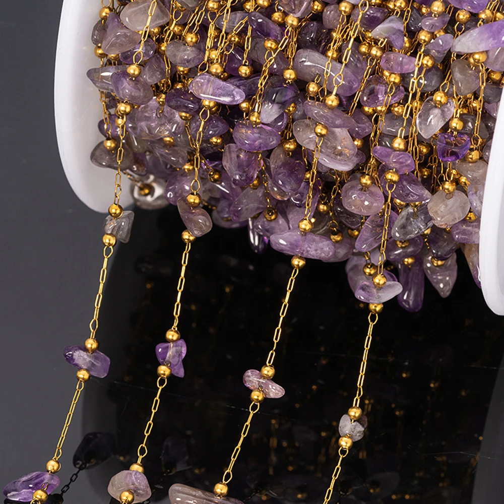 

1 м натуральный необработанный целебный кристалл аметиста, позолоченная цепочка из нержавеющей стали скрепки для DIY браслета с драгоценными камнями, изготовление ювелирных изделий