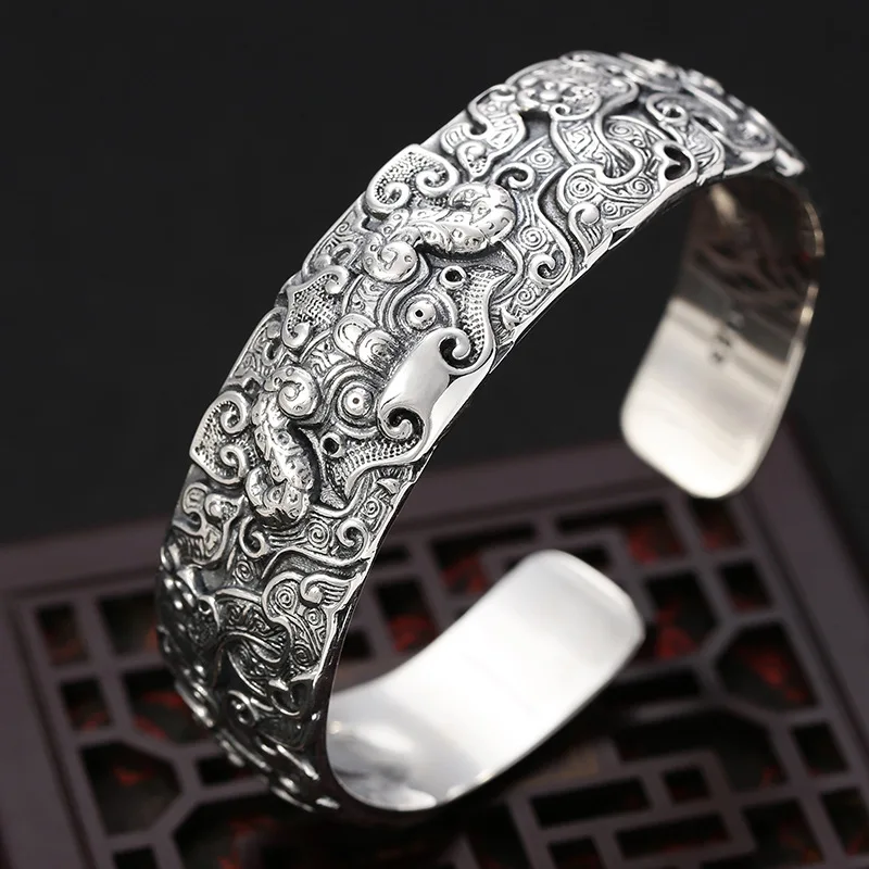 Retro ethnic style silver 925 engraved divine beast Dominant Cattle bracelet fashion men's and women's domineering jewelry ﻿ ﻿