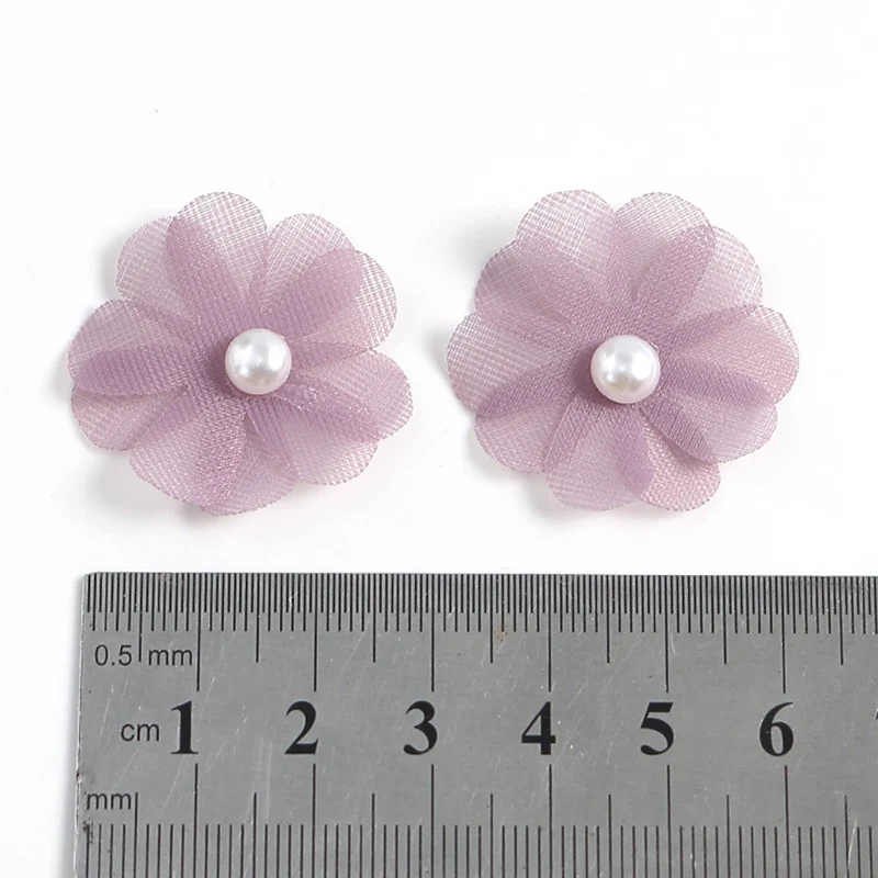 30Pcs 3.5CM Hot Sale Flower With Pearl Bead For Children\'s Headband Hair Clip Accessories Cloth Hats Decoration Patches