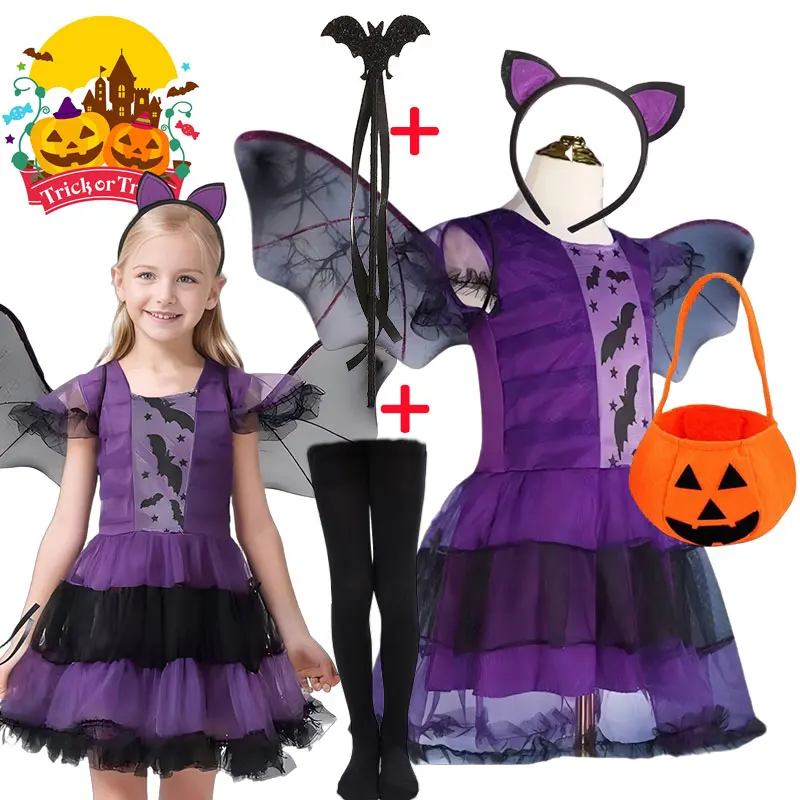 3-teiliges Set Halloween-Kostüm für Mädchen, Fledermaus-Verkleidungskleid + Fledermausflügel + Stirnband, lila Tutu für Kleinkinder, All Saint' Day Cosplay-Bekleidung