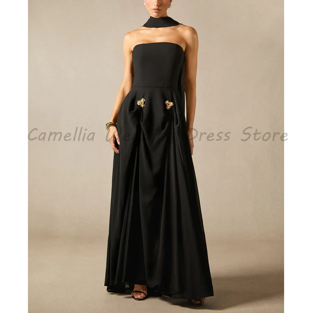 

Black Maxi Evening Dress Luxury Gold Beaded Embellished Chiffon A-Line Formal Party Gown for Women