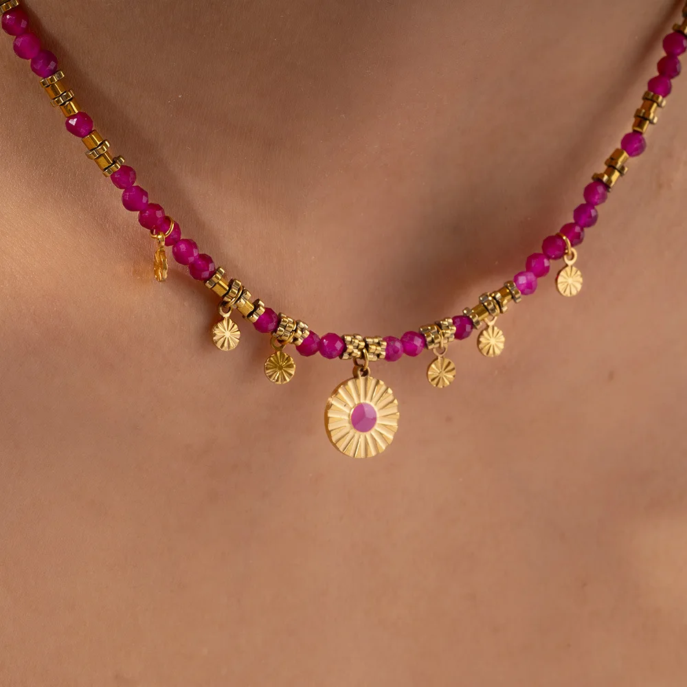Keen on Collar Colgante de cuentas de piedra natural de acero inoxidable Adecuado para fiestas en la playa de mujeres Estilo europeo americano