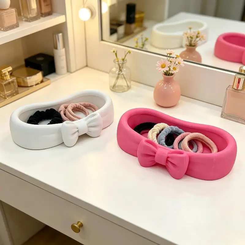 Cute Bow Bathroom Desk Organizer Pink Makeup Desk Tray Cute Toothbrush And Skincare Storage Box