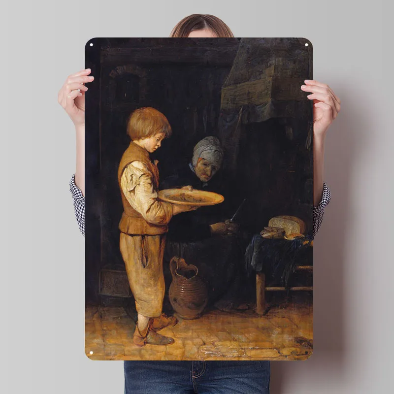 Alte Frau und Junge Nehmen Sie eine bescheidene Mahlzeit. Metallposter-Dekoration zu Hause. Individuelle Metall-Blechschilder für Wandkunst-Dekoration