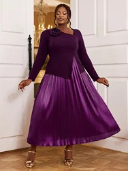 Women Purple Pleated Dress Skew Collar Long Sleeve Appliques Elegant High Waist A Line Formal Church Event Occasion Gowns 2024