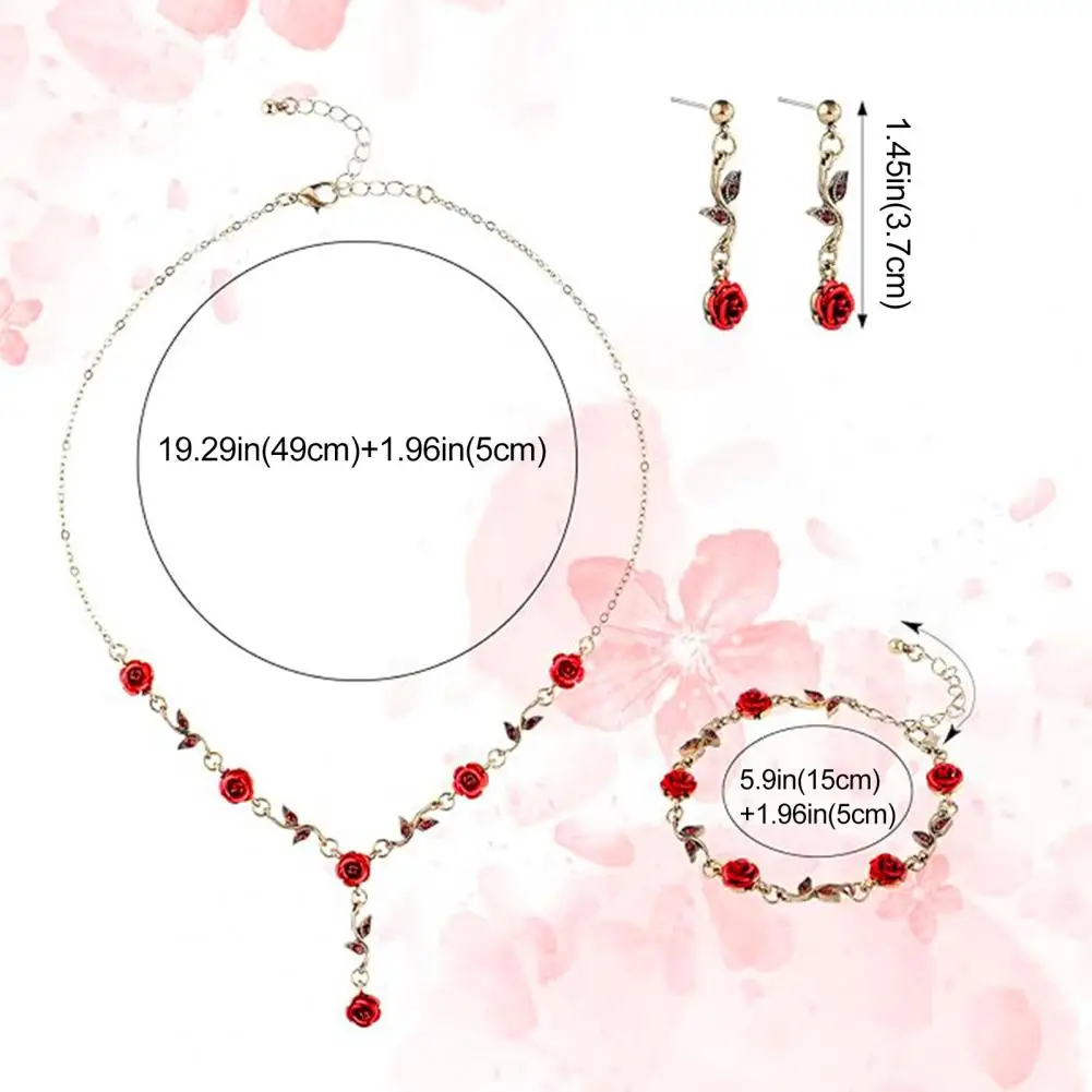 Rose Bracelet 3 Pcs Rose Jewelry Set Floral Theme Earrings Necklace Bracelet Vintage Romance Rhinestone for Valentines