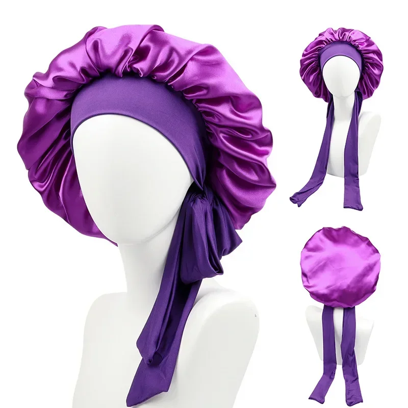 

New Women Satin Solid Sleeping Hat with Stretchy Tie Band Elastic Night Shower Cap Adjustable Hair Head Cover Bonnet Turban