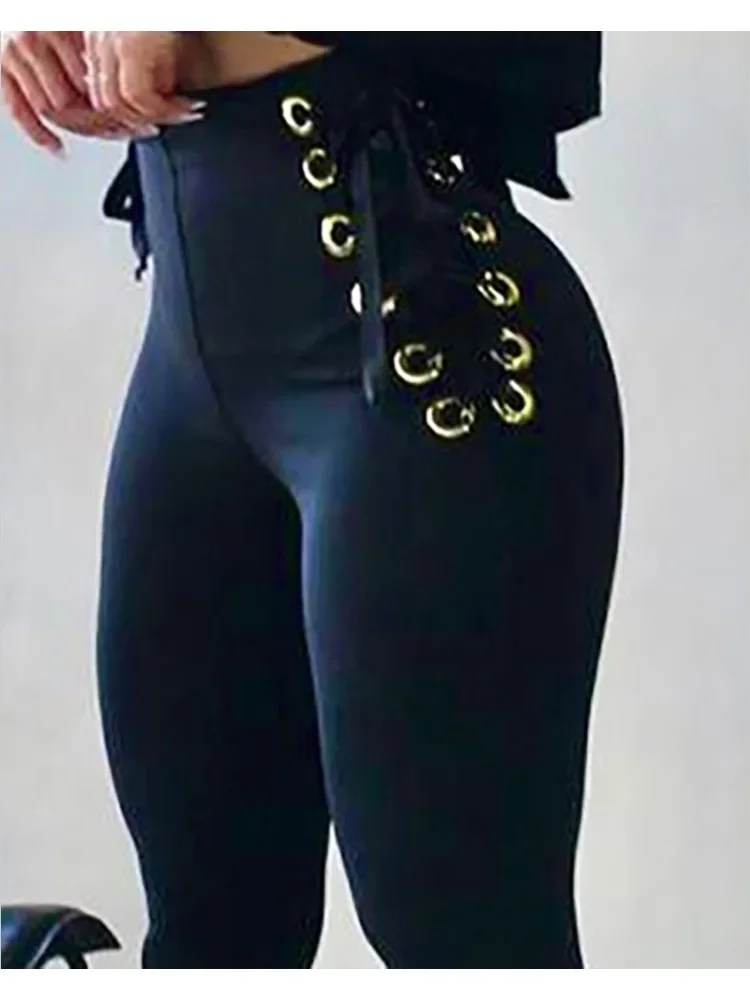 Pantalon skinny taille haute à lacets à œillets pour femmes, streetwear, design zippé, cargo, décontracté, sans ceinture