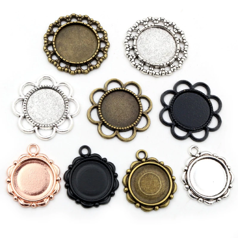 15pcs 14mm 16mm Inner Size Antique Bronze And Silver Plated Flower Style Cabochon Base Cameo Setting Charms Pendant