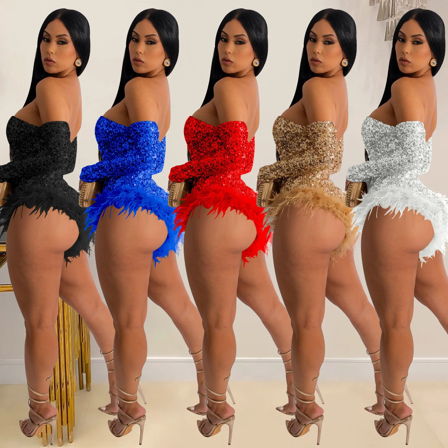 Jesienne Nowości, Seksowna Moda Damska Odzież Cekinowy Długi Rękaw Szorty Piórowy Kombinezon Damski