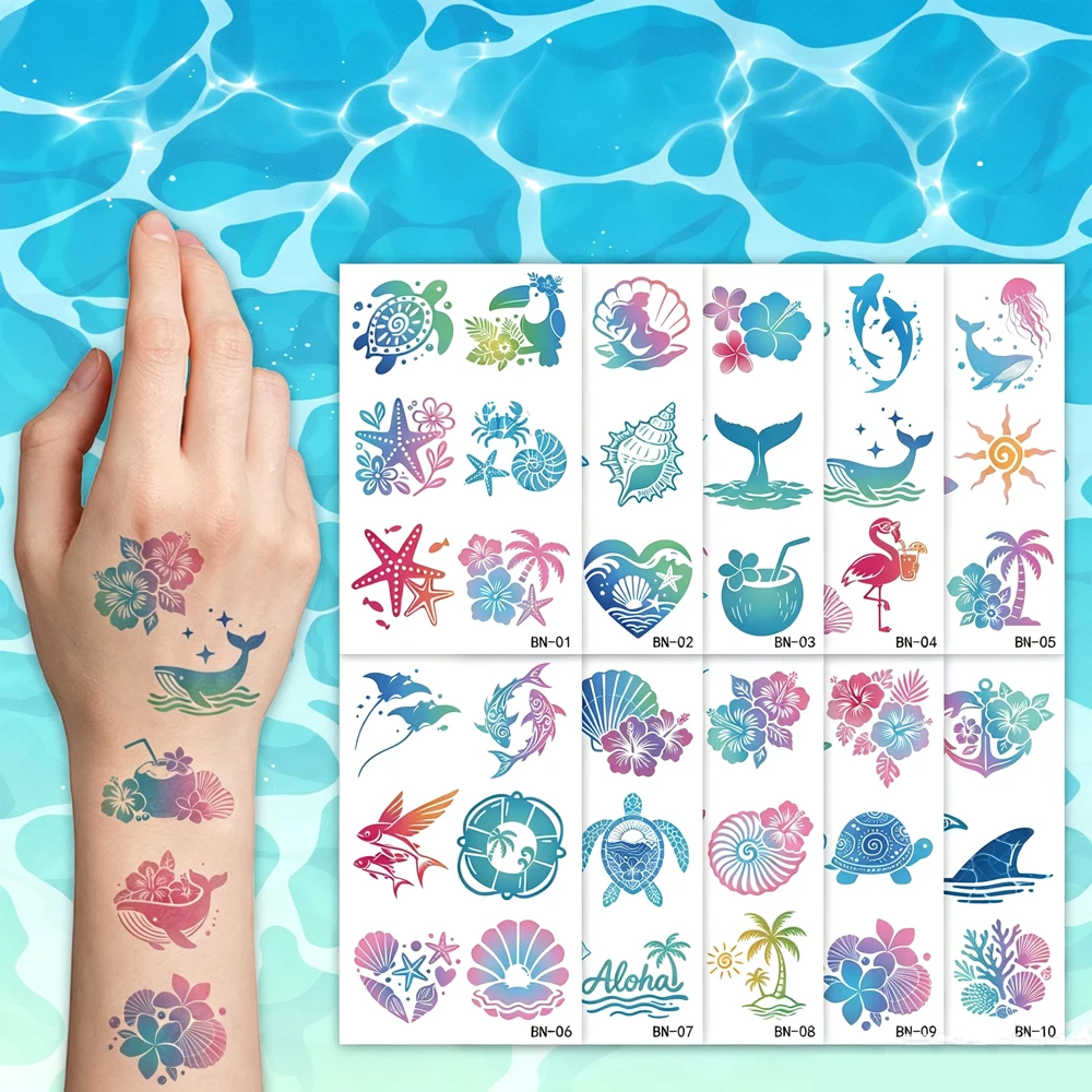 10 Sheets Waterproof Fish Starfish Ocean Theme Beach Body Stickers Temporary Tattoos For Women Body Art Tattoo Stickers