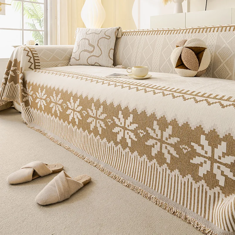 Chenille Snowflake Printed Sofa Towel Soft Easy-Care Couch Covers for Living Room Office Tassel Sofa Blanket for Four Seasons