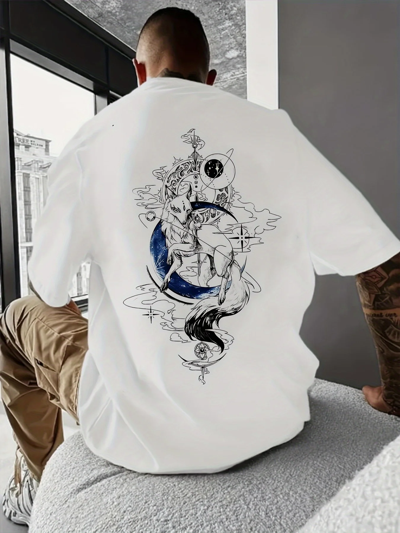 Men Cotton T-Shirt with Gothic Back Print - White Black Gothic Lettering Mystical Raven Moon Design Breathable Summer Short