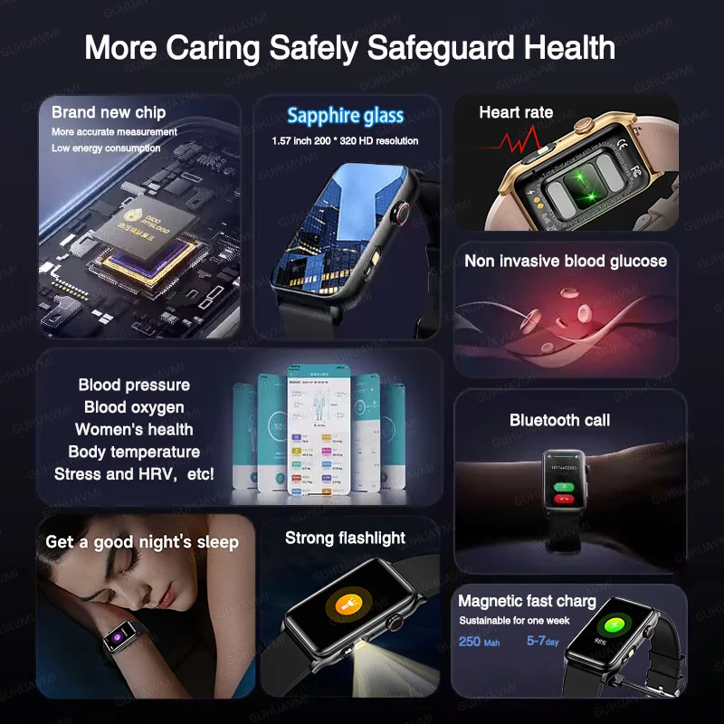 2026 New AI Medical Diagnosis Smart Bracelet Men Blood Sugar Blood pressure uric acid Heart rate BT call Health Smartwatch Woman