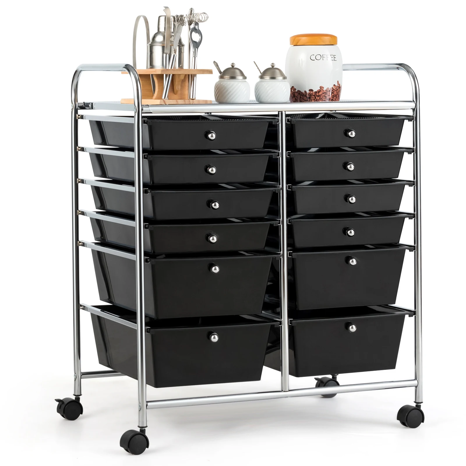 Trolley with 12 stackable drawers, drawer trolley roll container with metal rack and storage space, bathroom trolley