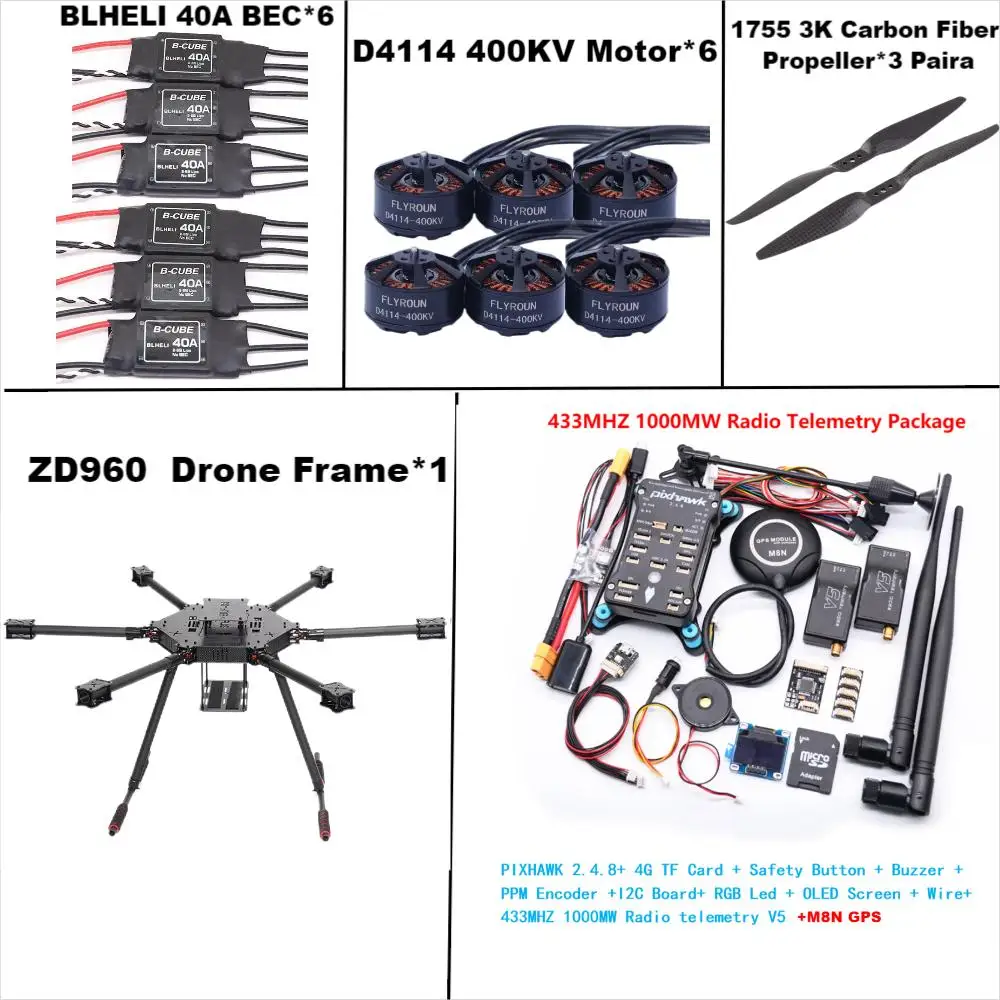 Angeltoy ZD960 PIXHAWK2.4.8 M8N Estrutura hexa-rotor de fibra de carbono completa BLHELI 40A ESC Conjunto de telemetria Rado de controle de voo