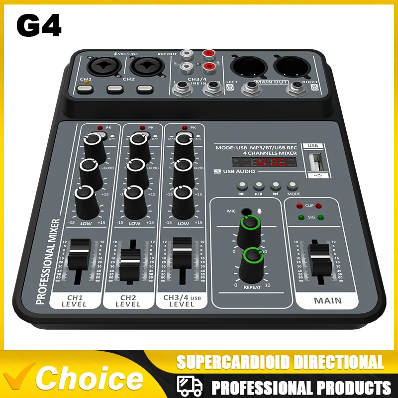 Audio Mixer Professional 4 Channel DJ Karaoke Bluetooth 48V Power Supply sound Mixing console for Music Recording System