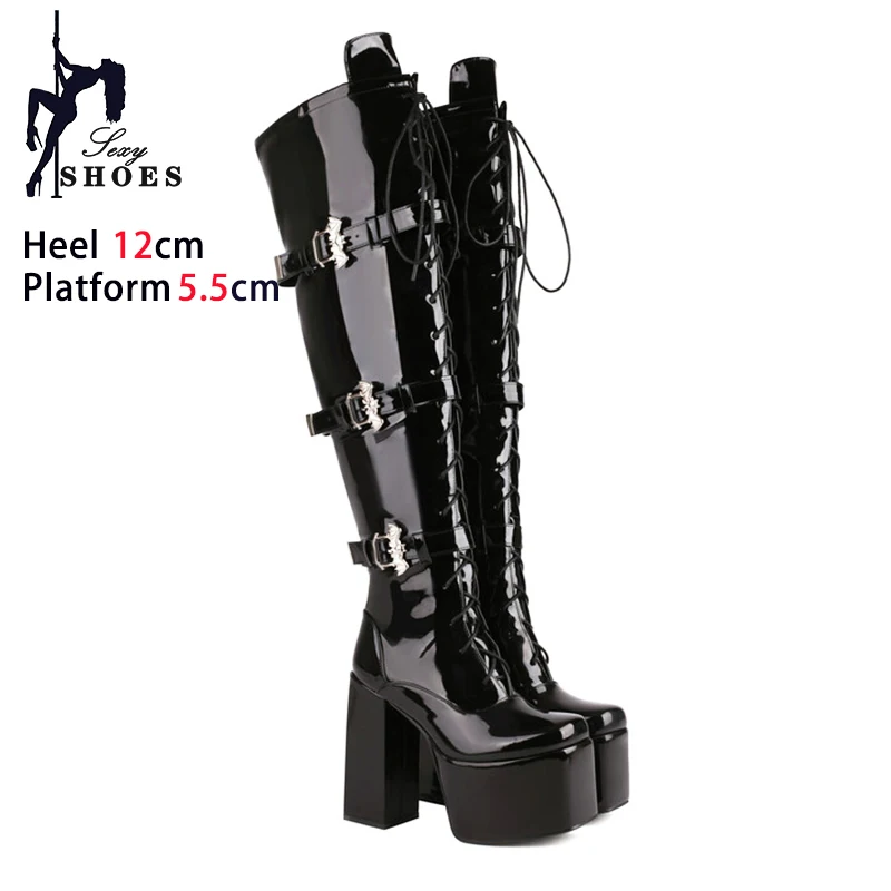 2024 New Winter Long Boots Women Over-the-Knee Black Shoes Gothic Style Thigh High Boots Block Heel Platform Shoes Botas Size 43