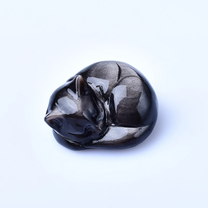 تمثال نوم على شكل قطة من حجر السج الفضي الطبيعي 50 × 46 × 34 ملم - حجر قطة لطيف منحوت بالكريستال - منتج ديكور منزلي للهدايا #5