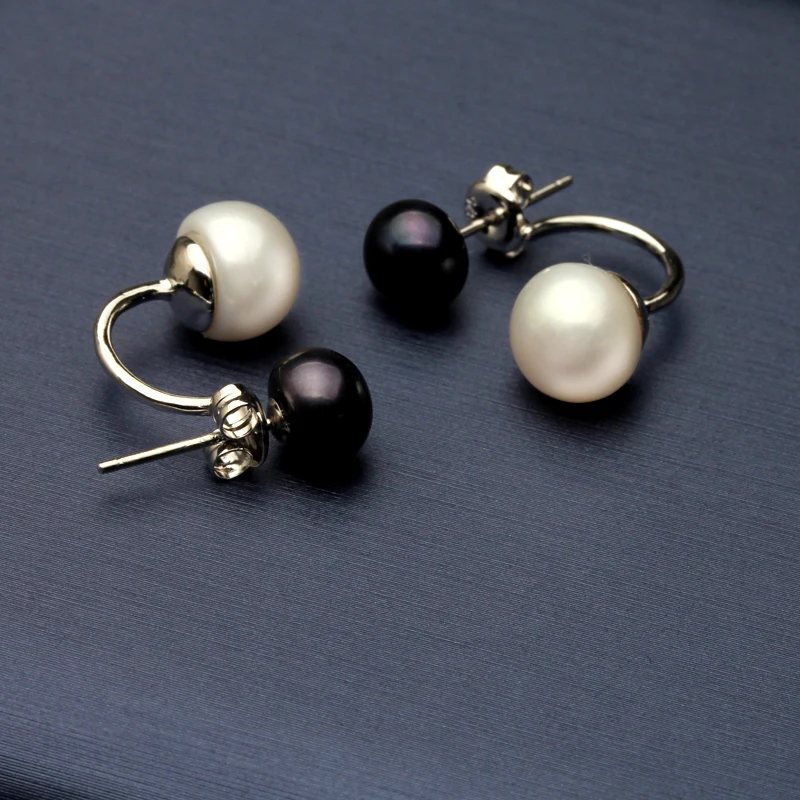 Real Natural Double Pearl Earrings 925 sterling silver jewelry,black freshwater pearl earrings for women girl birthday best gift