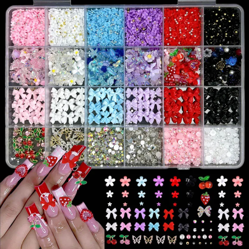 

1Box Hollowed-out Heart Butterfly Nail Charms Simulated Strawberry Cherry Minimalist Bow Resin Nail Art Decorations DIY Manicure