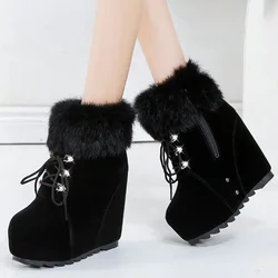 Women's Platform Winter Boots Women Wedge Ankle Boots Lady Thick-Soled Inner Increase Warm Plush Sneakers Female High-Heel Shoes