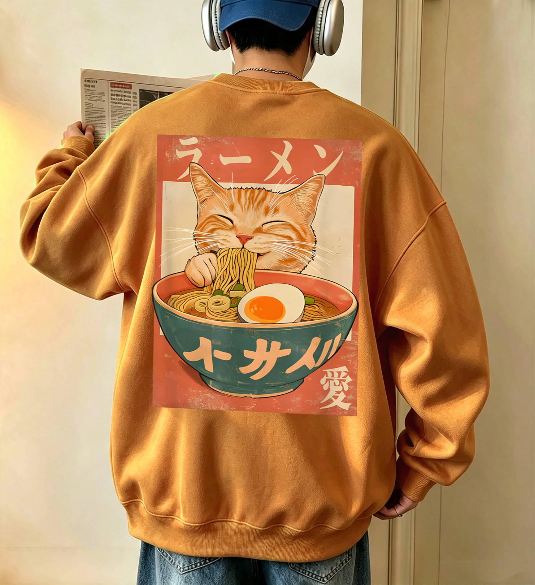Eating Noodles Will Make Cats Happy Prints Mens Spring Autumn Basic Sweatshirt Casual Fleece Clothing Fashion Office Streetwear
