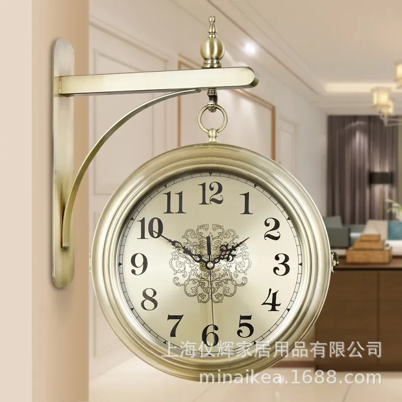 European Double Sided Wall Clock Fashion Quartz Silent Living Room Home Watch Creative Personality American Decorative Clock