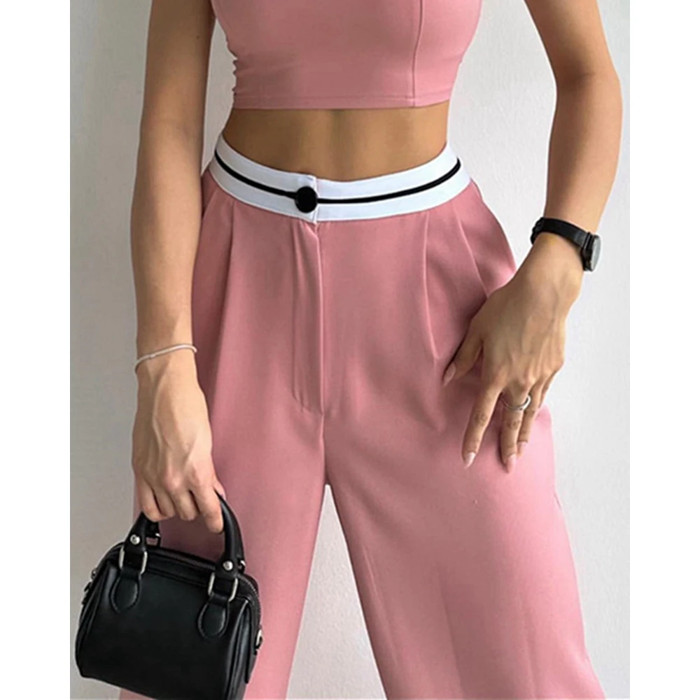 Summer Ladies Pant Suit Women Striped Strapless Crop Top & High Waist Wide Leg Pants Set Ensembles Femme Pink 2 Pieces Set Suits