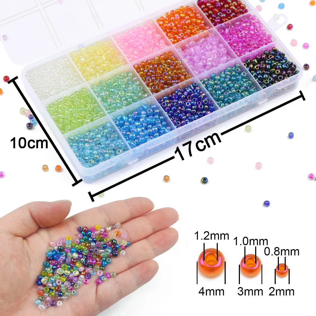 Multi Size 11/0 2 3 4mm Kit Transparent Glass Beads Seedbead 15 Colors Spacer Loose Rice Beads For Jewelry Making DIY Bracelet