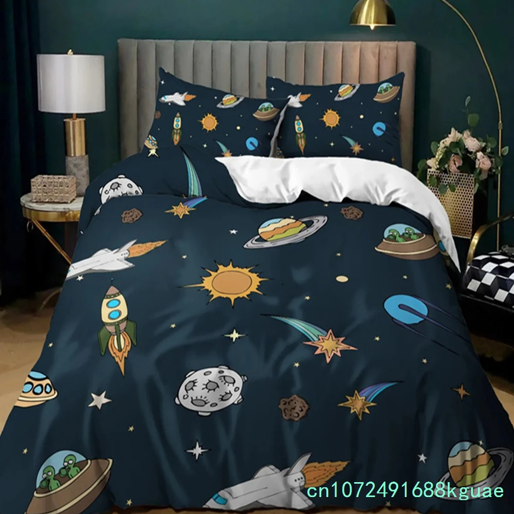 Space Bedding Boys Cute Space Alien Duvet Cover Green Rocket Ship Cartoon Planet Comforter Cover Black Bedding Set For Kid Teen
