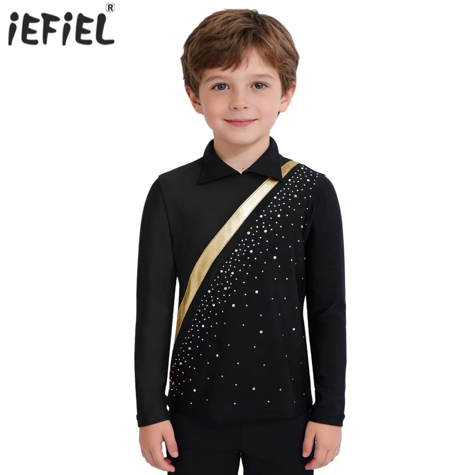 Kids Boys Figure Skating Costume Sparkly Rhinestones Contrast Color Design Tops Long Sleeve Back Invisible Zipper Competition