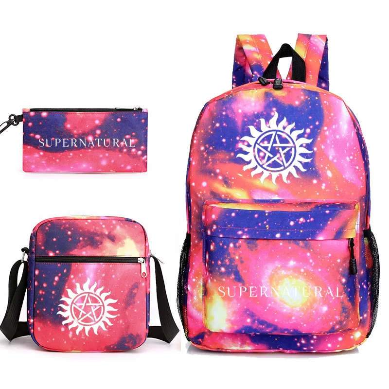 Conjunto de 3 piezas de Anime Supernatural SPN Evil para niños, mochilas escolares geniales, bolso de hombro para estudiantes, bolsas para lápices y bolígrafos