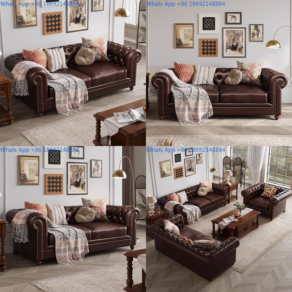 Classic American Country Living Room Sofa Set with Tufted Design Genuine Leather and Solid Wood Frame for Villa Decor