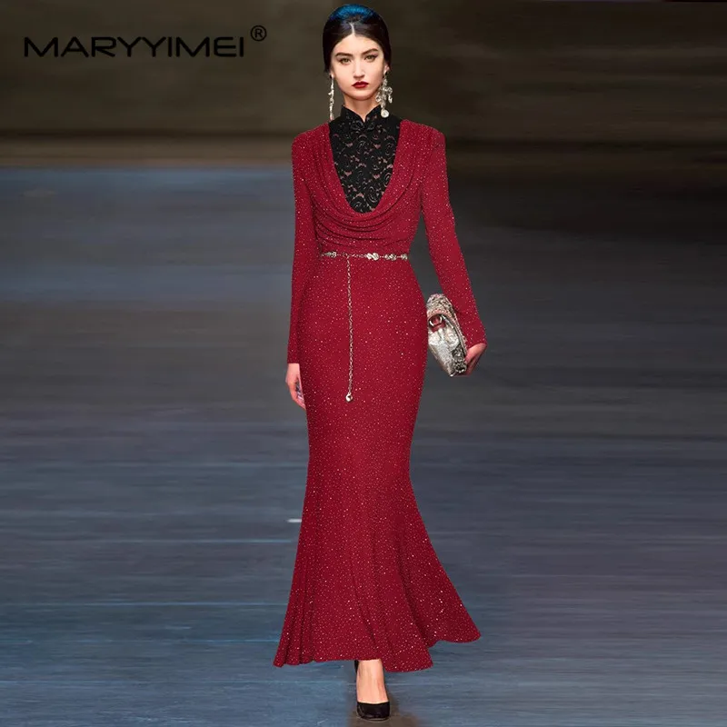 MARYYIMEI Autumn and Winter Women\'s Dress Stand collar Long-Sleeved Lace Splicing Elegant Romantic Sexy Mermaid Dresses