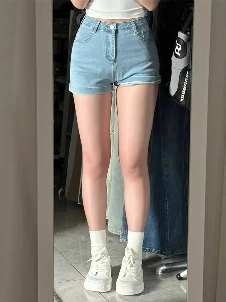 American Style Spicy Girl High Waist Cuffed Denim Shorts Women Loose Wide Leg A-Line Light Blue Slimming Small Size Hot Pants...