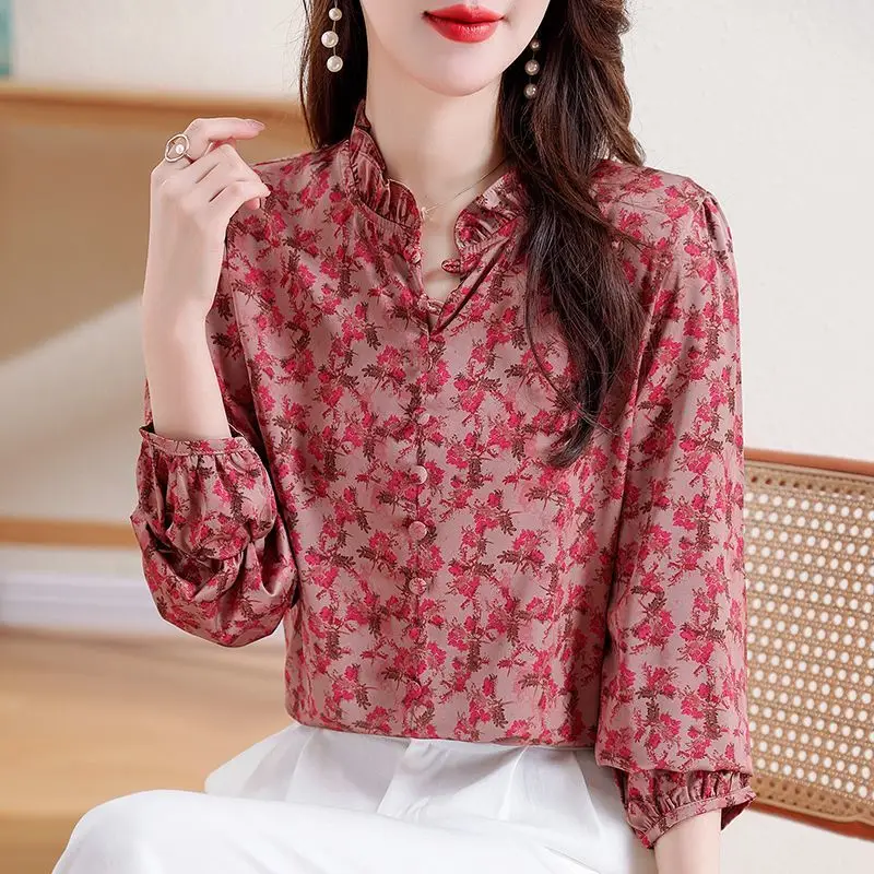 Simplicity Summer New Women's Round Neck Printing Button Edible Tree Fungus Temperament Loose Long Sleeve Chiffon Shirt Tops