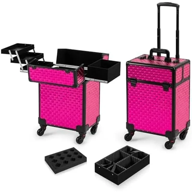 Rolling Train Makeup Case Cosmetology Case on Wheels Rose Red