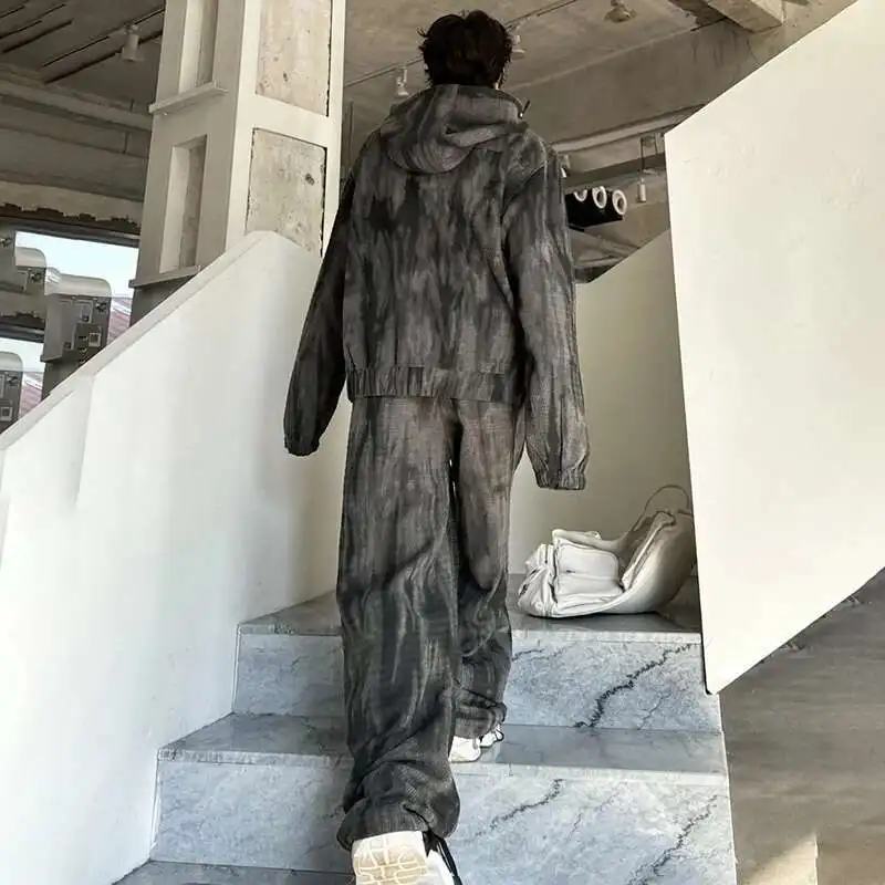 LUZHEN 2025 봄 타이 염색 디자인 패션 루즈 하이 스트리트 후드 자켓 루즈 캐주얼 바지 남성 트렌디 투피스 세트 Be0a30