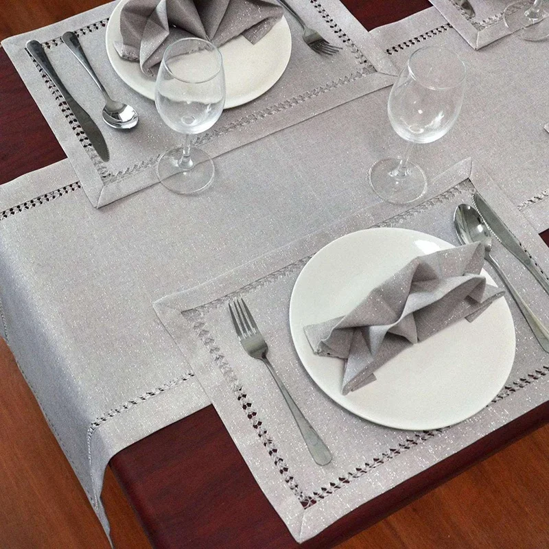 2X Hand Hemstitched Dining Table Runner Dresser Scarves, Silver Thread Interweaving (Light Gray, 12 X 72 Table Runners)