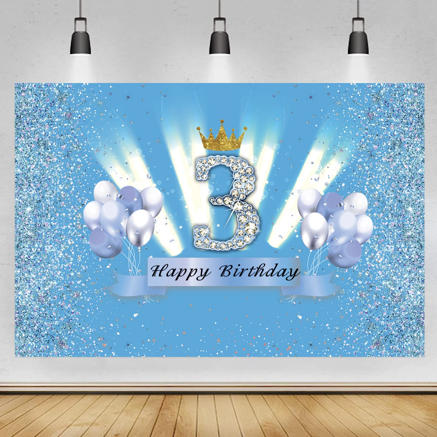 

Blue 3rd Birthday Photography Backdrop Crown Baby Shower Kids 3 Years Old Birthday Party Custom Photo Background Banner Prop