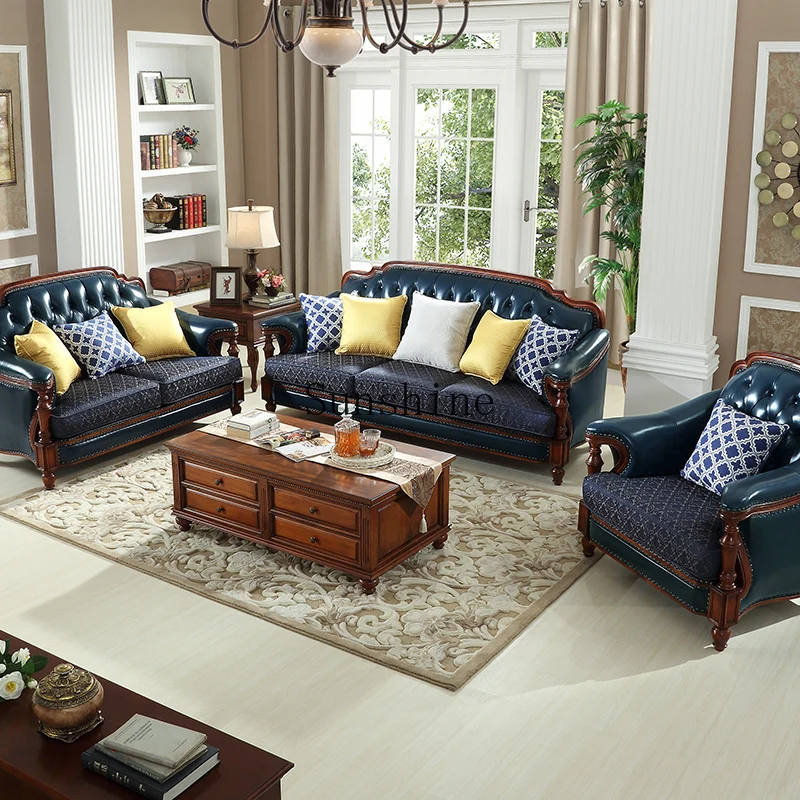 American first-layer leather sofa combination simple household solid wood corner villa L-shaped sofa