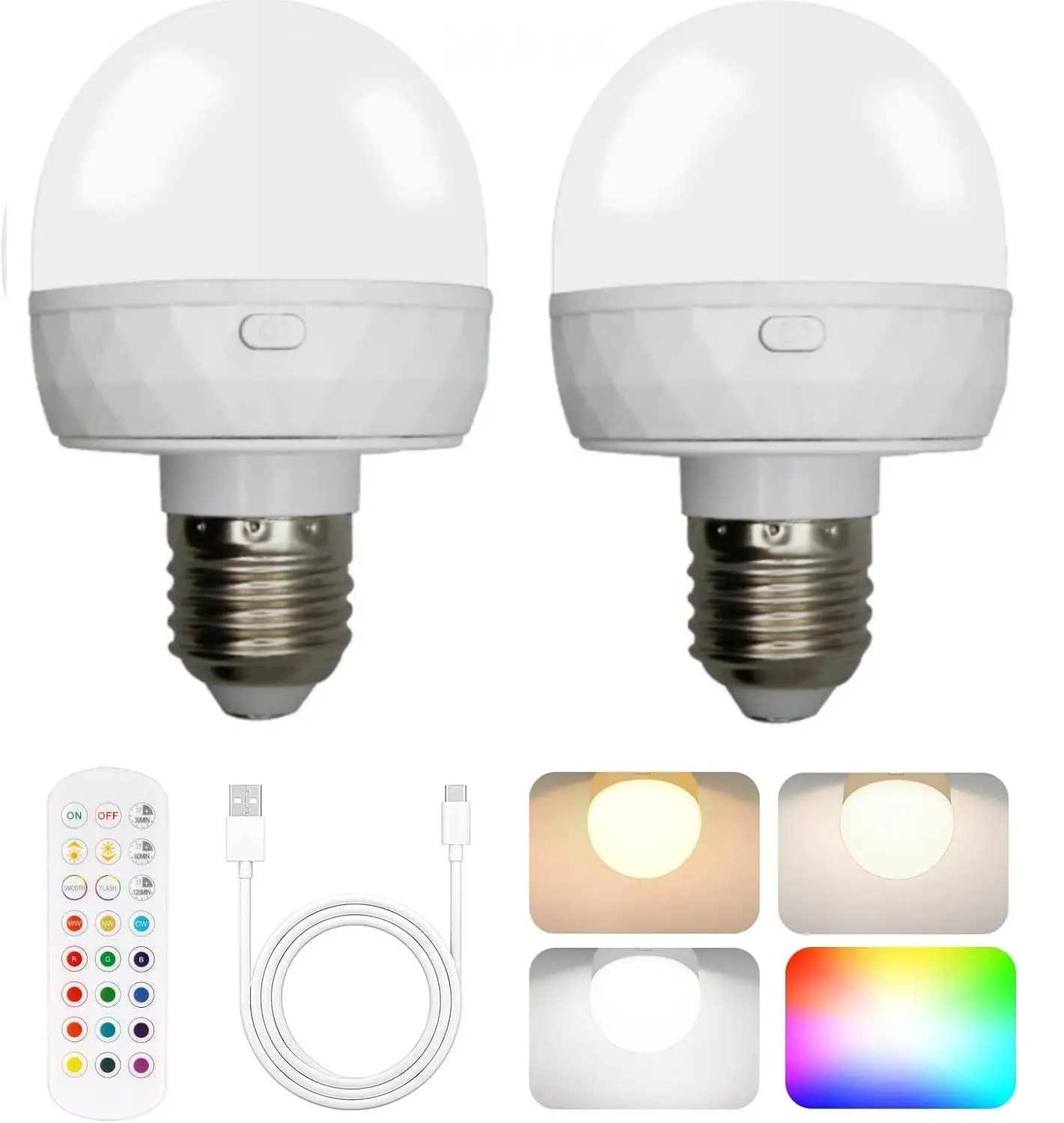 E27 Light Bulb with Remote and Timer,3 Color Temperatures+15 RGB Colors,Battery Backup Bulb for Sconces and lamp Dimmable,2 Pack